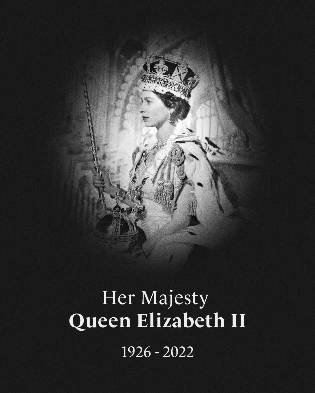 Black and white photo of the late Her Majesty Elizabeth II at her coronation.