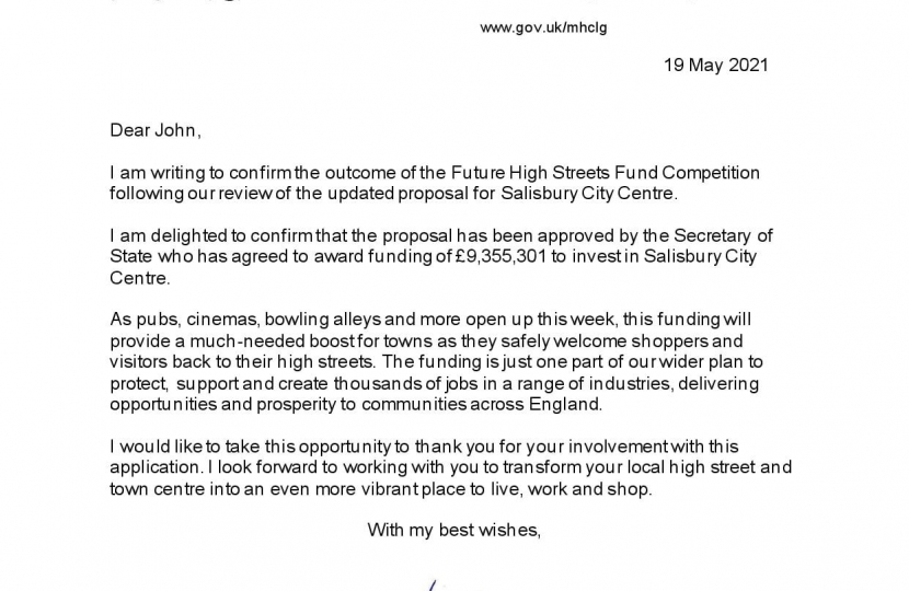 Letter from Luke Hall MP to confirm that Salisbury has received £9,355,301 from the Future Streets Fund Competition.