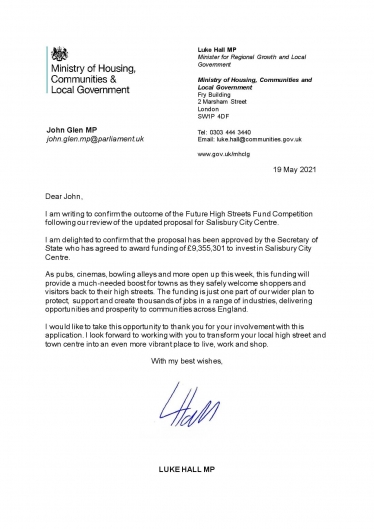 Letter from Luke Hall MP to confirm that Salisbury has received £9,355,301 from the Future Streets Fund Competition.